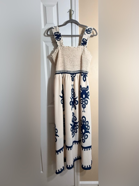 PrettyGarden Dresses & Skirts - Cream Maxi Dress with Navy Embroidery